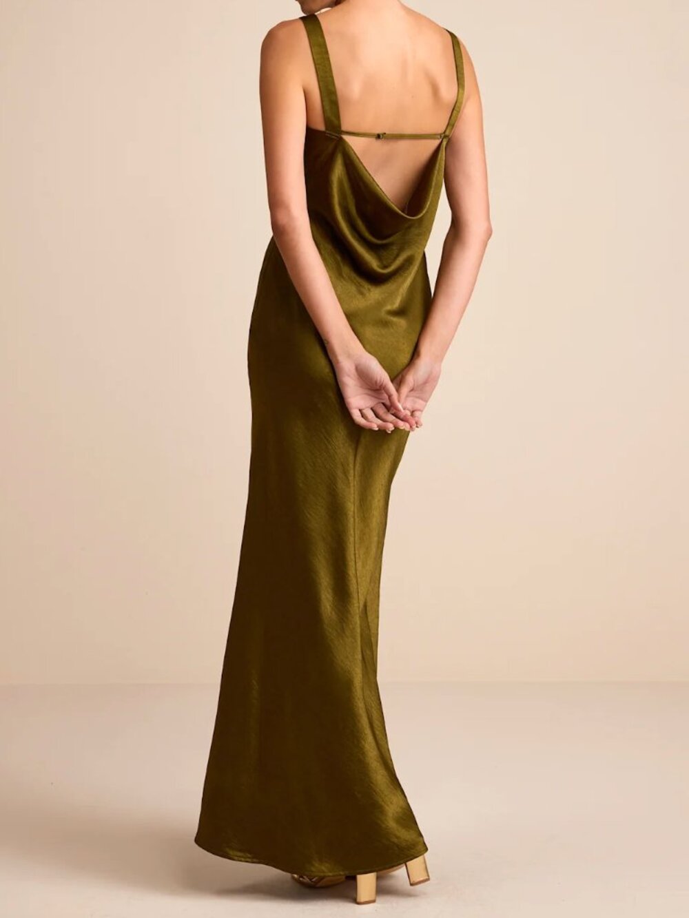 Lulus Janita Olive Satin Sleeveless Cowl Back Maxi Dress Green - Size M - Picture 3 of 4